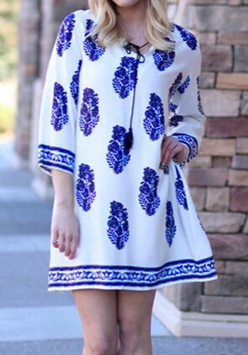 Casual White Floral Print Drawstring Cotton Blend Mini Dress