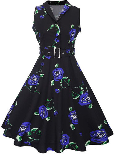 Casual Shawl Collar Belt Floral Printed Skater Dress