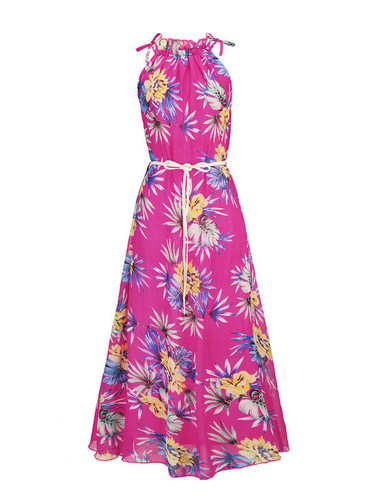 Casual Band Collar Floral Printed Chiffon Swing Maxi Dress