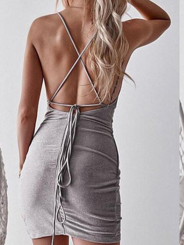 New Silver Irregular Spaghetti Straps Backless Bodycon Party Mini Dress