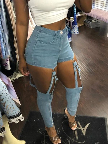 New Blue Zipper Pockets Cut Out High Waisted Bodycon Denim Long Pant