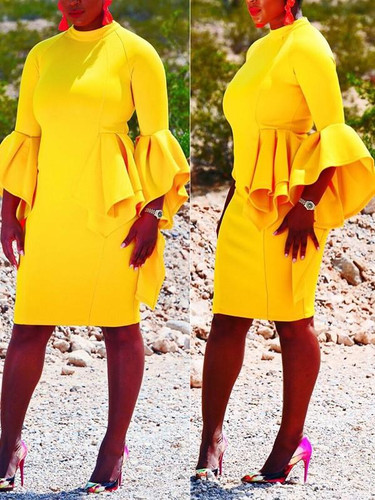 New Yellow Cascading Ruffle Bell Sleeve Bodycon Elegant Prom Evening Party Midi Dres