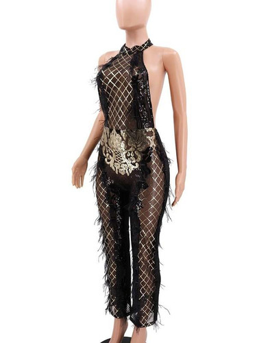 New Black Patchwork Sequin Grenadine Tassel Belt Backless Sparkly Glitter Birthda Bodycon Halter Neck Party Long Jumpsuit
