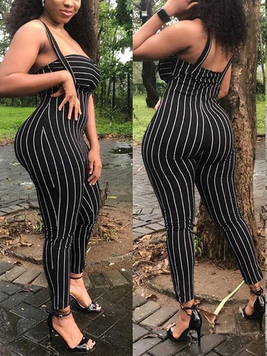 New Black Striped Off Shoulder Two Piece Bodycon Casual High Waisted Long Jumpsuit Pant