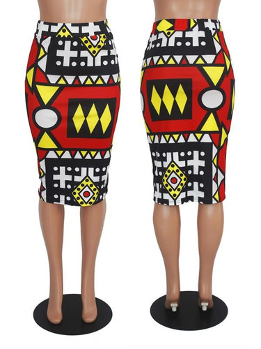 New Red Tribal Print Bodycon High Waisted Elegant Party Skirt