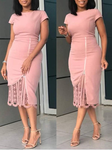 New Pink Patchwork Lace Zipper Bodycon Elegant Party Maxi Dress