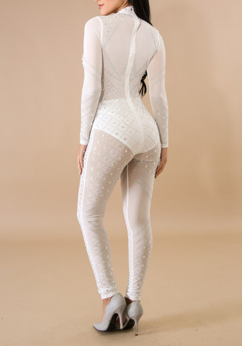 White Mosaic Rhinestone Zipper Bodycon High Waisted Clubwear Party Long Jumpsuit