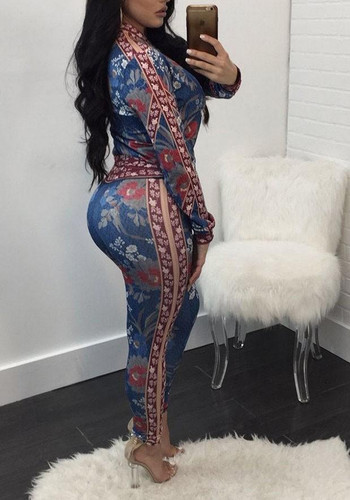 Blue Floral Print Zipper Bodycon Two Piece High Waisted Long Jumpsuit