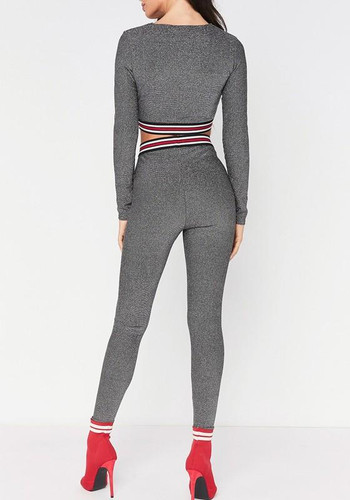 Grey Patchwork Two Piece Sparkly Elastic Waist Bodycon Party Long Jumpsuit