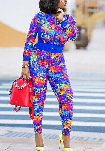 Blue Colorful Zipper Two Piece Bodycon High Waisted Casual Jumpsuit Pant