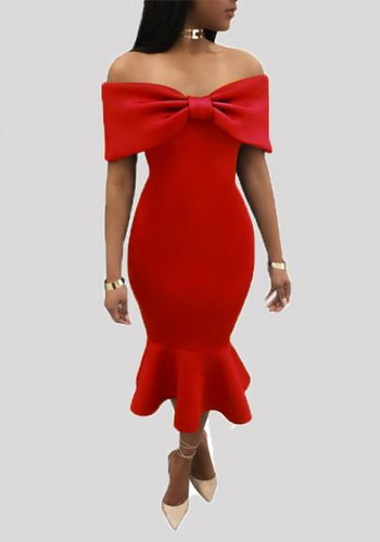 Red Ruffle Bodycon Banquet Mermaid Bowkont Off Shoulder Elegant Party Midi Dress