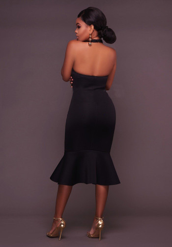 Black Ruffle Backless Halter Neck Bodycon Trumpet Party Maxi Dress