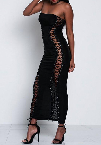 Black Bandeau Off-Shoulder Lace-up Bodycon Clubwear Maxi Dress