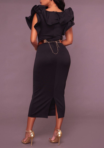 Black Ruffle Belt Chain Slit High Waisted Bodycon Banquet Elegant Party Midi Dress Black Ruffle Belt Chain Slit High Waisted Bodycon Banquet Elegant Party Midi Dress