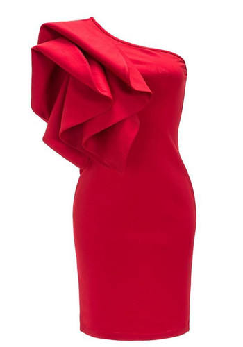 Red Irregular Ruffle One-shoulder Bodycon Prom Evening Party Midi Dress