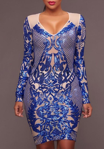 Royal Blue Geometric Pattern Sequin Deep V-neck Sparkly Bodycon Cocktail Party Midi Dress