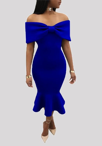 Blue Ruffle Bodycon Banquet Mermaid Bowkont Off Shoulder Elegant Party Midi Dress Blue Ruffle Bodycon Banquet Mermaid Bowkont Off Shoulder Elegant Party Midi Dress