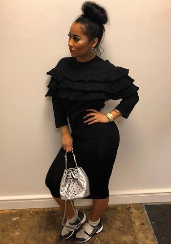 Black Cascading Ruffle Bodycon Round Neck Elegant Party Midi Dress