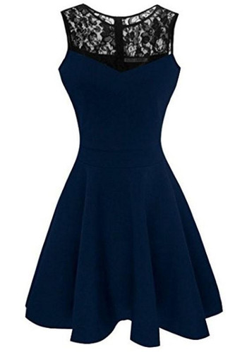 Navy Blue Patchwork Lace Pleated Bodycon Round Neck Party Midi Dress