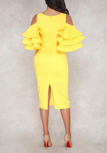 Yellow Cascading Ruffle Cut Out Sleeve High Waisted Bodycon Elegant Party Midi Dress