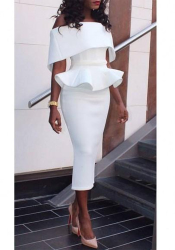 White Plain Ruffle Bandeau Peplum Off Shoulder Elegant Bodycon Midi Dress