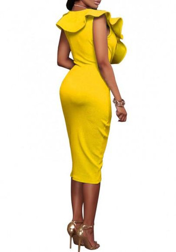 Yellow Ruffle Pleated Deep V Sleeveless Bodycon Prom Evening Party Midi Dress