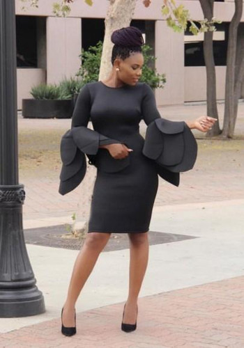 Black Ruffle Petal Sleeve Round Neck Elegant Bodycon Prom Evening Party Midi Dress