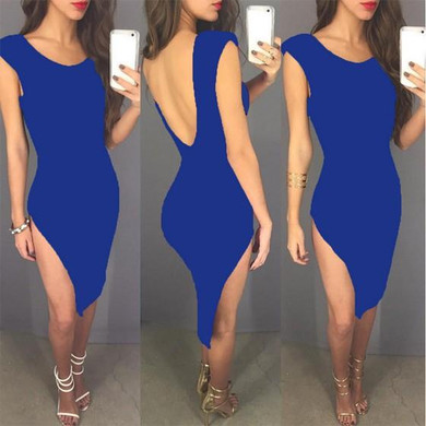 Blue Irregular Round Neck Cap Sleeve Side Slit Backless Bodycon Midi Dress
