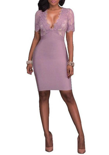 Purple Patchwork Lace Zipper Deep V-neck Bodycon Prom Evening Party Midi Dress