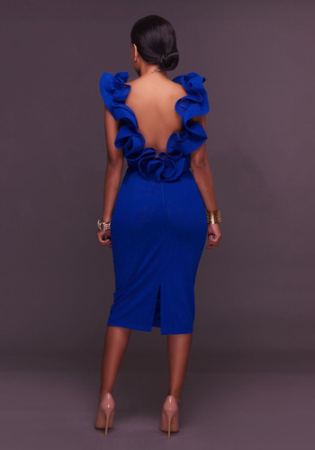 Royal Blue Ruffle Slit Backless Bodycon Round Neck Elegant Party Pencil Midi Dress