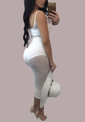 White Cut Out Bodycon Spaghetti Strap Backless Sheer Clubwear Midi Dress