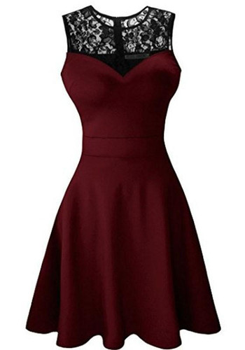 Burgundy Patchwork Lace Pleated Bodycon Round Neck Party Midi Dress