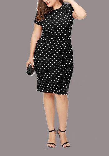 Black-White Polka Dot Ruffle Bodycon Plus Size Round Neck Elegant Party Midi Dress
