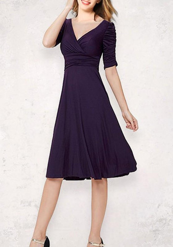 Purple Pleated Bodycon Deep V-neck Elegant Party Midi Dress