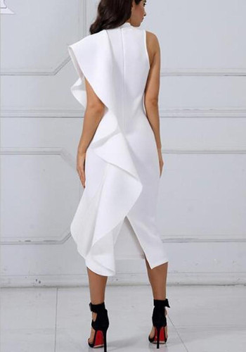 White Ruffle Slit Band Collar Sleeveless Bodycon Banquet Elegant Party Midi Dress White Ruffle Slit Band Collar Sleeveless Bodycon Banquet Elegant Party Midi Dress