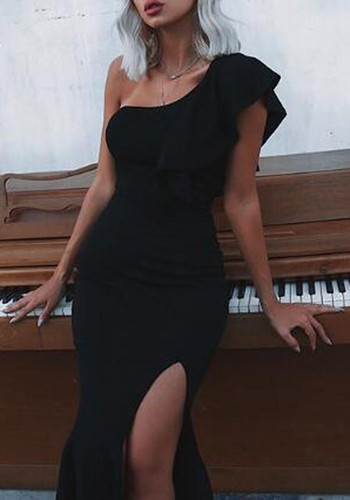 Black Ruffle Irregular Slit One Shoulder Mermaid Bodycon Elegant Prom Evening Party Midi Dress Black Ruffle Irregular Slit One Shoulder Mermaid Bodycon Elegant Prom Evening Party Midi Dress