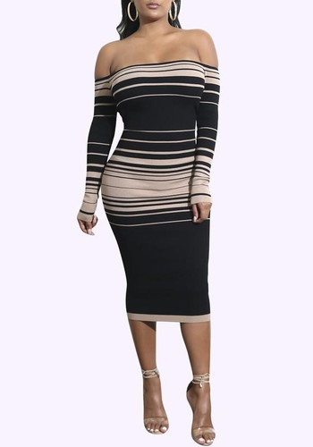 Khaki-Black Striped Bandeau Off Shoulder Backless Bodycon Cocktail Party Midi Dress