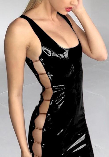 Black Cut Out PU-Leather Latex Bodycon Clubwear Party Mini Dress
