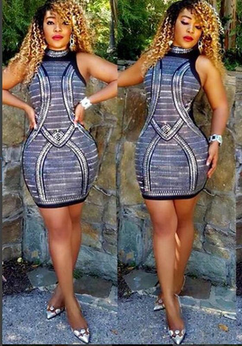 Blue Patchwork Print Round Neck Bodycon Clunwear Mini Dress