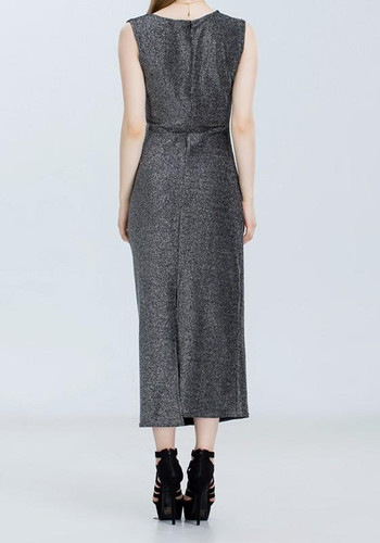 Black Silver Sequin Draped Side Slit V-neck Elegant Bodycon Bridesmaid Sleeveless Maxi Dress