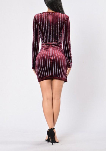 Casual Burgundy Plain Irregular Rhinestone Deep V-neck Bodycon Club Mini Dress Casual Burgundy Plain Irregular Rhinestone Deep V-neck Bodycon Club Mini Dress