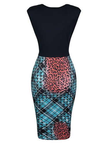 Casual Houndstooth Leopard Plaid Round Neck Bodycon Dress