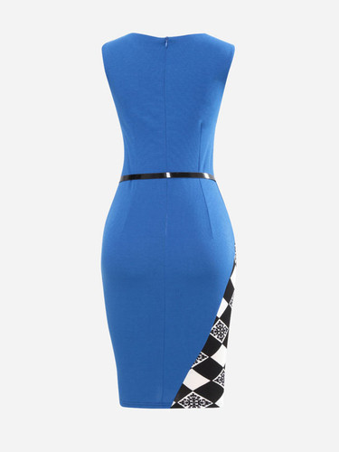 Casual Asymmetric Neckline Plaid Printed Patchwork Bodycon-dress