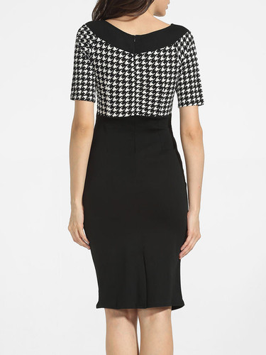 Casual Decorative Buttons Round Neck Cotton Houndstooth Split Bodycon-dress