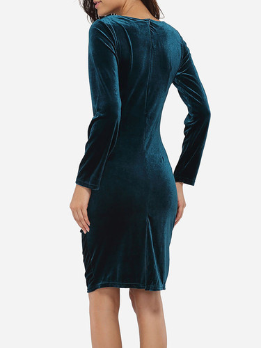 Casual Round Neck Pleated Plain Bodycon-dre