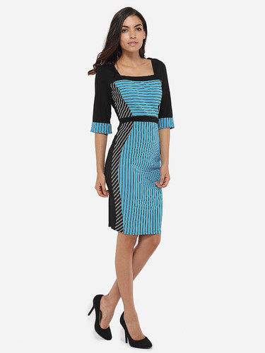 Casual Square Neck Dacron Patchwork Striped Bodycon-dress