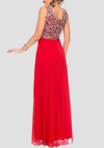 Red Patchwork Grenadine Draped Sleeveless Elegant Cocktail Party Maxi Dress