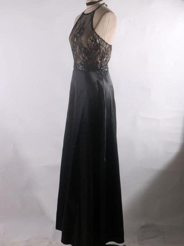 New Black Patchwork Lace Draped Tie Back Backless Round Neck Sleeveless Elegant Maxi Dress