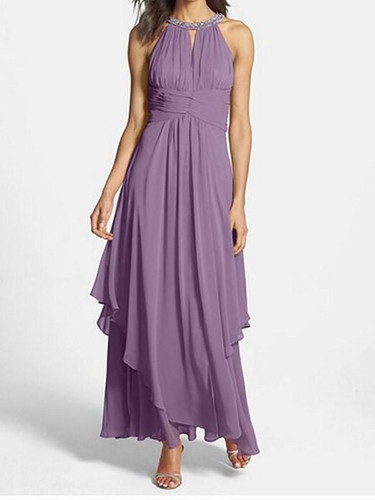 New Purple Patchwork Irregular Backless Halter Neck With Rhinestones Sleeveless Elegant Maxi Dress