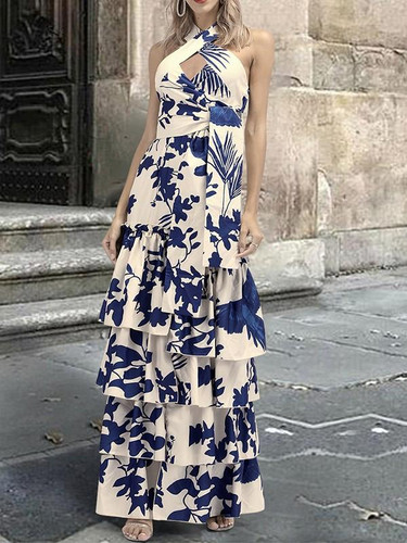New White Floral Print Cut Out Ruffle Fashion Maxi Dress